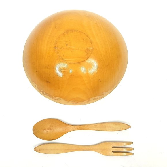 Vintage Wooden Salad Bowl Utensils Cherries Pear Apple Plums Hand Painted Oval - Picture 6 of 11